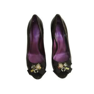 COACH Poppy Brown Patten Leather Logo Shoes Womens sz 8.5 Heels Boho Cottagecore